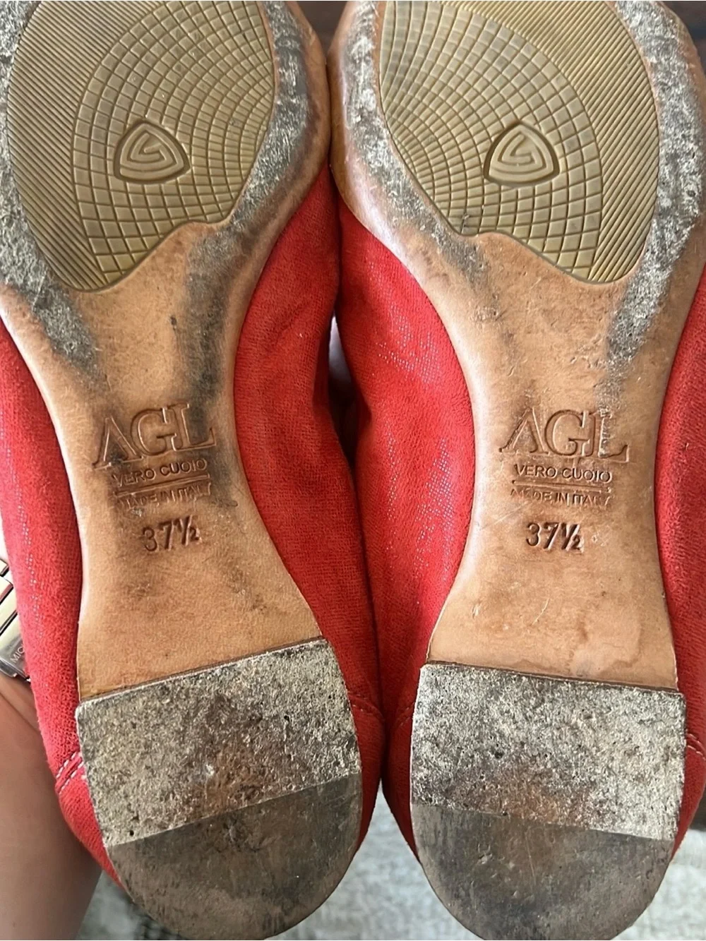 AGL Red Suede Flats with Navy Patent Cap-Toe and Silver Accent.